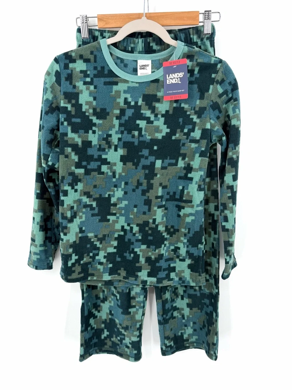 Lands’ End Green Pixelated Camouflage Fleece Pajamas Size M 10/12